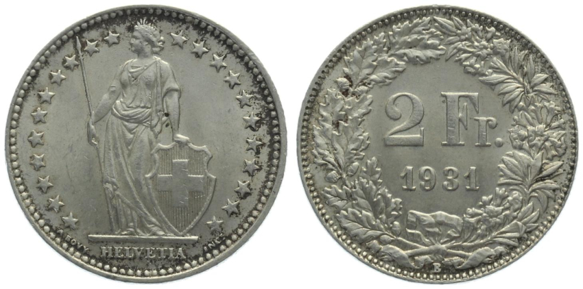 2 Franken 1931 B - fast stempelglanz